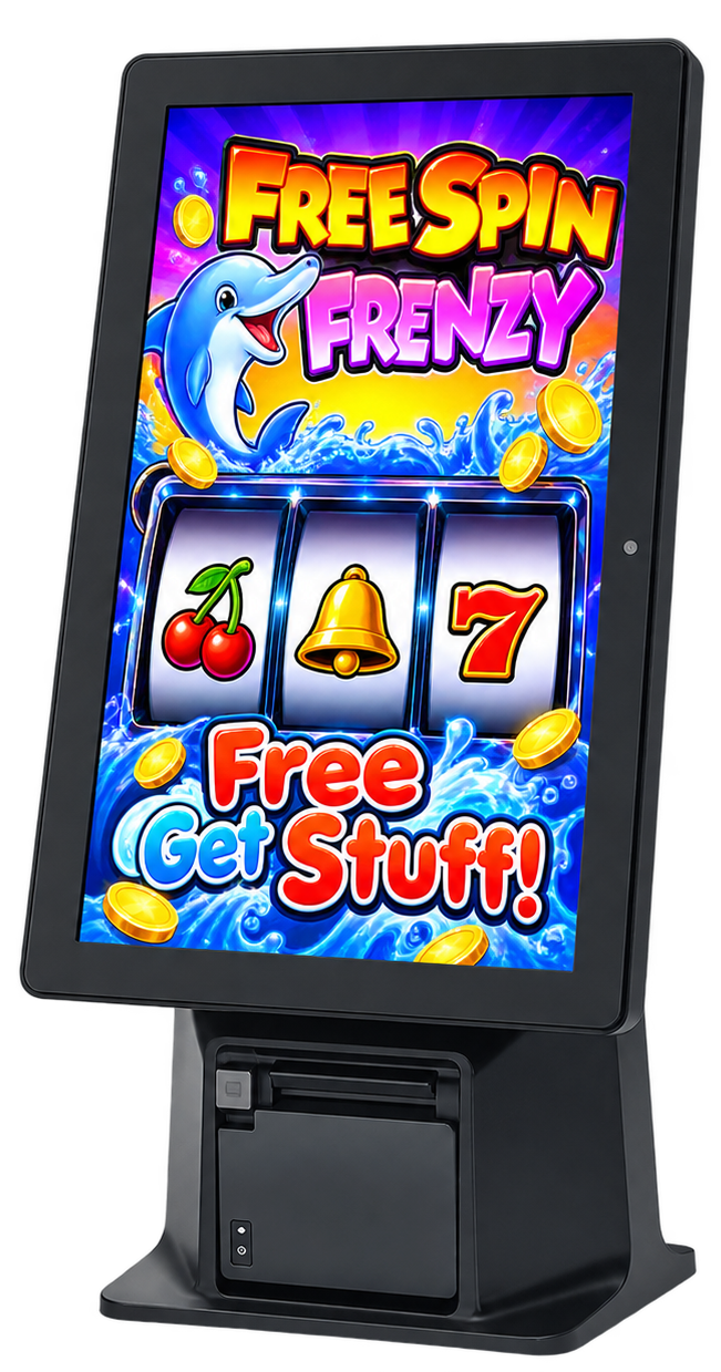 Trade show slot machine rental kiosk with branded slot game on the touchscreen and built-in prize printer