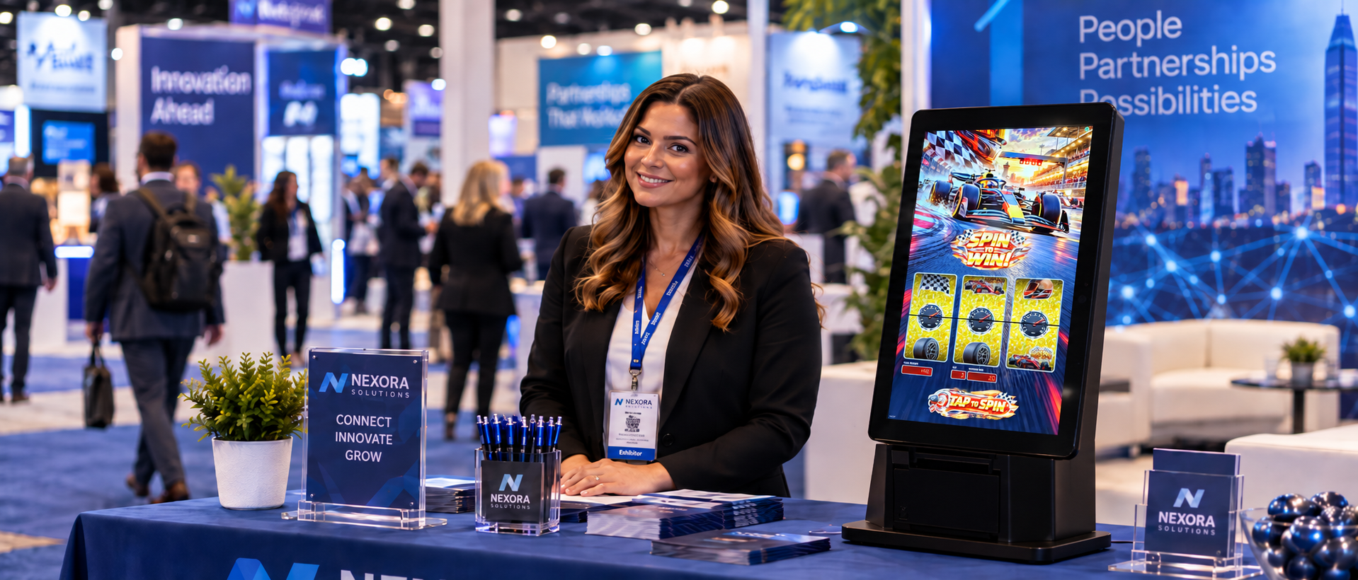 Exhibitor at a trade show booth with a branded tabletop touchscreen slot machine kiosk running AllJ Slots
