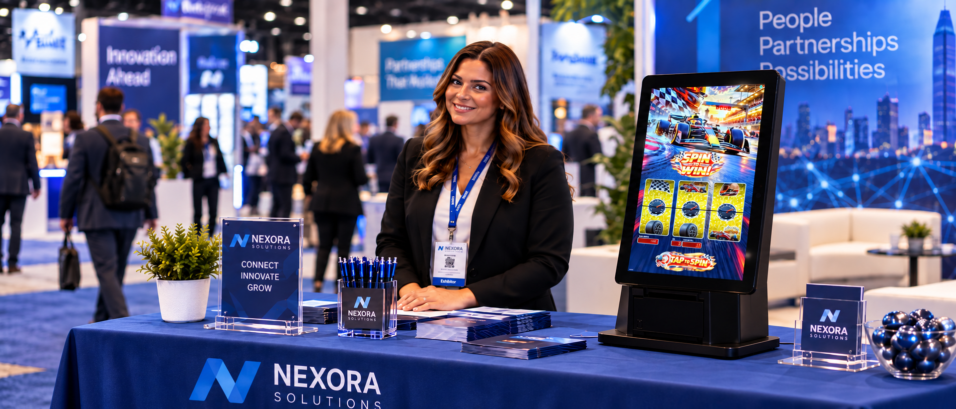 Custom branded slot machine rental kiosk running AllJ Slots at a trade show booth
